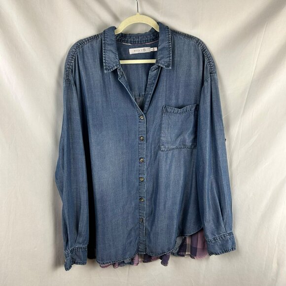 Billy T Love You To Pieces Shirt Women XL Blue Purple Chambray Denim Plaid Boho - Picture 9 of 15